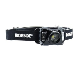 Ironside pandelampe med sort elastisk pandebånd og rund lampe, vist lige forfra.