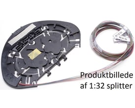 CommScope FIST-FSASA3-SC-102-2A-S splittermodul med mørkegrå plast og 2,5m fiberoptiske kabler med farvekoder.