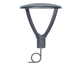 Grå Ledvance Urban mastetop til sti- og cykelbelysning med bred skærm, buet arm og synligt tilslutningskabel.