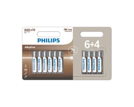 Pakke med 10 stk. Philips Tech AAA LR03 alkaline batterier, 6+4 tilbud, med langvarig kraft.