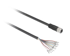 Schneider Electric PUR skærmet kabel med lige M12 hun-stik og 12 synlige ledninger med terminaler.