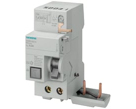 Siemens 5SM2 RC-enhed, 2-polet, 63A, 300mA type AC, med testknap og kobberterminaler til 230V installation.