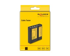 Gul emballage med illustration af Delock kabeltester til RJ45- og RJ12-kabler samt PoE-test.