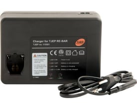 TJEP batterioplader til RE-BAR 40, vist med strømkabel og tydelig mærkning af funktioner.
