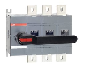 ABB 3-polet lastafbryder på 1250A, med sort drejegreb og synlige terminaler.