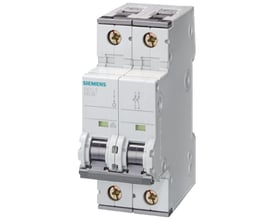 Frontvisning af Siemens Sentron 5SY automatsikring med 1+N-pol, 6A mærkestrøm og B-karakteristik.