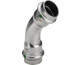 Viega G1 Sanpress Inox 45° bøjning, 15x15 mm, fremstillet af rustfrit stål med presmuffer.