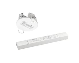 SG Connect Bridge Kit, recessed model, med en rund hvid sensorenhed og en lang hvid DALI driver.