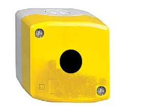 Schneider Electric XALK01 trykknapkasse i gul plast med et enkelt hul og et sort dæksel foran.