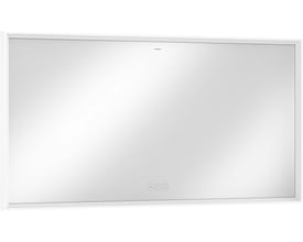 Fron view af Hansgrohe Xarita E spejl med hvid aluminiumsramme, der viser integrerede touch-knapper og LED-lys.