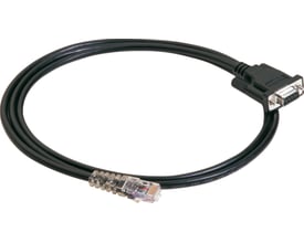 Sort Moxa RJ45-kabel til Nport-server på 1,5 meter med RJ45-stik og DB9-hun, vist sammenrullet.
