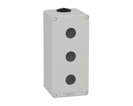 Schneider Electric Harmony XAP trykknapkasse i grå metal, model XAPD3503, med tre Ø22 mm huller og sort topkappe på hvid baggrund.