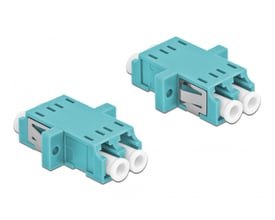 To Delock LC Duplex hun koblinger i blå, vist fra forskellige vinkler med fokus på hun-stik og montering.