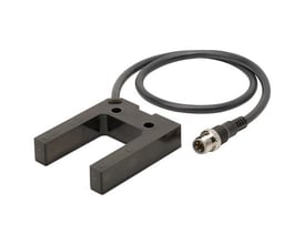 Omron E3Z-G82-M3J fotoelektrisk sensor i mørkegrå plast med kabel og M8-stik på hvid baggrund.