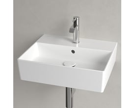 Nærbillede af Villeroy & Boch Memento 2.0 håndvaskens inderside i hvidt porcelæn, viser afløb og overløbshul.