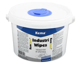 Nærbillede af Kema Industri Wipes spanden, der fremhæver produktnavn og anvendelsesområder for effektiv rengøring.