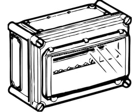 Nærbillede af bagsiden af FIBOX EK MODUL DIN-skinnekasse, der viser monteringsskruer og din-skinne i lysegrå polycarbonat.