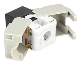Sort Delock Keystone modul med RJ45 jack og LSA-tilslutning, Cat.6 UTP, med åbne beskyttelsesklapper.