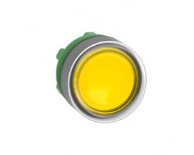 Schneider Electric ZB5 LED lampetrykhoved i gul plast med fjeder-retur og plan trykflade. Har IP69K.