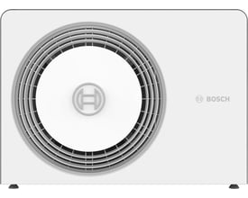 Frontbillede af Bosch Compress 5800i AW 5 OR-S varmepumpens udendørsenhed med Bosch logo og stor cirkulær ventilator.