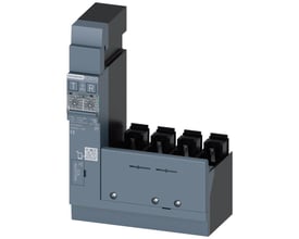 Siemens RCD510 fejlstrømsenhed med fire sorte terminalblokke, vist fra siden med mærkning og knapper.