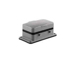 Weidmüller chassishus STR.6 med låg til HDC industristik, grå med sorte detaljer, monteret på flange.