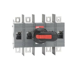 ABB 4-polet lastafbryder på 250A til bundmontering, vist med sort ON/OFF håndtag og røde indikatorer.