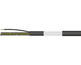 Kabel 4G2,5 FCY-JZ TC-UL/CSA med sort PVC yderkappe, flettet fortinnet kobberskærm og PVC-isolerede ledere. Gul/grøn beskyttelsesleder ses tydeligt.
