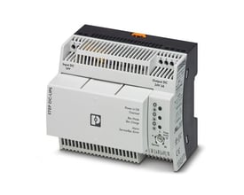 Phoenix Contact Step-UPS/24DC/24DC/3/46WH DC UPS modul på hvid baggrund med tydelige mærkninger for input og output.