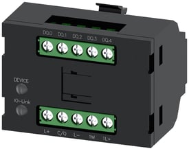 Siemens nøgleafbryder ID elektronikmodul, sort, med tydelige IO-Link og DEVICE mærkninger samt skrueterminaler til tilslutning af kabler.