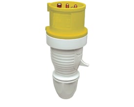 CEE stikprop i gul og hvid, 4-polet, 16A, 110V med IP44 kapsling og H4 jord. Fremhævet på hvid baggrund.