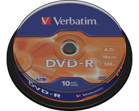 Verbatim DVD-R i orange og blå på en sort spindel, 10-pack med 4,7 GB kapacitet og 16x hastighed.