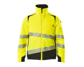 Detalje af Mascot Hi-Vis jakke i gul og sort, viser den høje krave og den fulde lynlås foran, med sorte paneler.