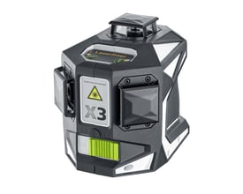 Laserliner X3 Krydslaser Pro med grøn 360° laserteknologi, vist på hvid baggrund. Den har en grøn tænd/sluk-knap og et advarselsskilt for laser.
