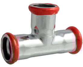 Unico tee fz med 76,1 mm rørdimension og tre presmuffer i forzinket stål med røde EPDM O-ringe.