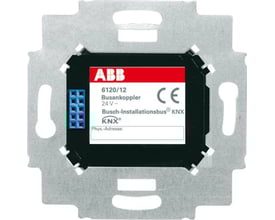 ABB KNX buskobler FM model 6120/12 med mærkat, 24V og CE mærke, 1-modul bred på metalramme.