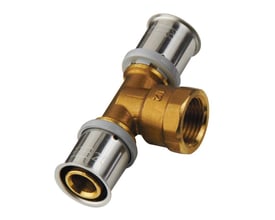 Detaljeret visning af Roth 20 mm T-stykke i messing, fokus på muffe-samling og gevind.