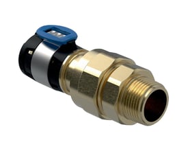 Geberit FlowFit union i blyfri siliciumbronze med en 32mm tilslutning og 1 1/4" udvendigt gevind, vist med blå klipsdetalje.