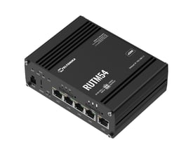 Teltonika RUTM54 5G/LTE-modem i sort metalhus, set skråt forfra med SIM-pladser og netværksporte.
