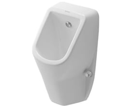 3D gengivelse af Duravit D-code urinal i hvid keramik, vist fra siden med fokus på design og tilslutning.