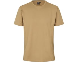 Sandfarvet ID Identity t-shirt i lyocell med rund hals og korte ærmer, vist forfra.