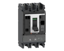 Detaljeret frontvisning af Schneider Electric ComPacT NSX 250S DC maksimalafbryder med mærkninger og justeringsmuligheder for strøm og spænding.