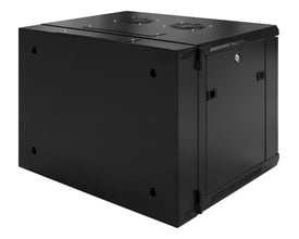 Bagsidevisning af Toten 19" vægskab, 9U, sort, med monteringshuller til vægophæng og lukket glasdør.