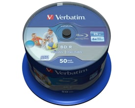 Verbatim BD-R SL Blu-ray-disc med 25 GB, 6x og Hard Coat vises øverst på en blå spindel.