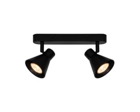 Nordlux Eik 2-spot spotlampe i sort metal med GU10 fatning og 35W, isoleret på hvid baggrund.