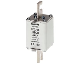 Siemens Sitor 3NE1 NH1 sikring, 450A, 1000V a.c., gR med frontindikator og slidsede klingekontakter.