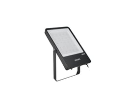 Philips Ledinaire BVP166 LED-projektør på monteringsbøjle, set skråt forfra; den sorte model er på 300 W.