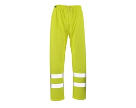 Bagfra set af Mascot Safe Aqua Wolfsberg regnbukser i gul, 2XL, med to reflekterende bånd på hvert bukseben og elastik i taljen.