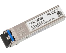 Mikrotik SFP dualfiber S-31DLC20D, 1.25G SM, 20km, 1310nm i sølvfarvet metal med blå trigger.