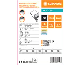 Teknisk grafik med tegning af Ledvance Floodlight Compact-projektør med sensor, sort, multi lumen og 2400 lm.